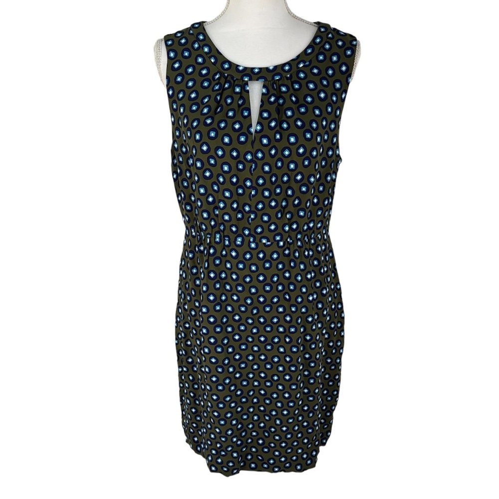 J.Crew Green Blue Printed Sleeveless Keyhole Front Back Zip Sheath Dress 12